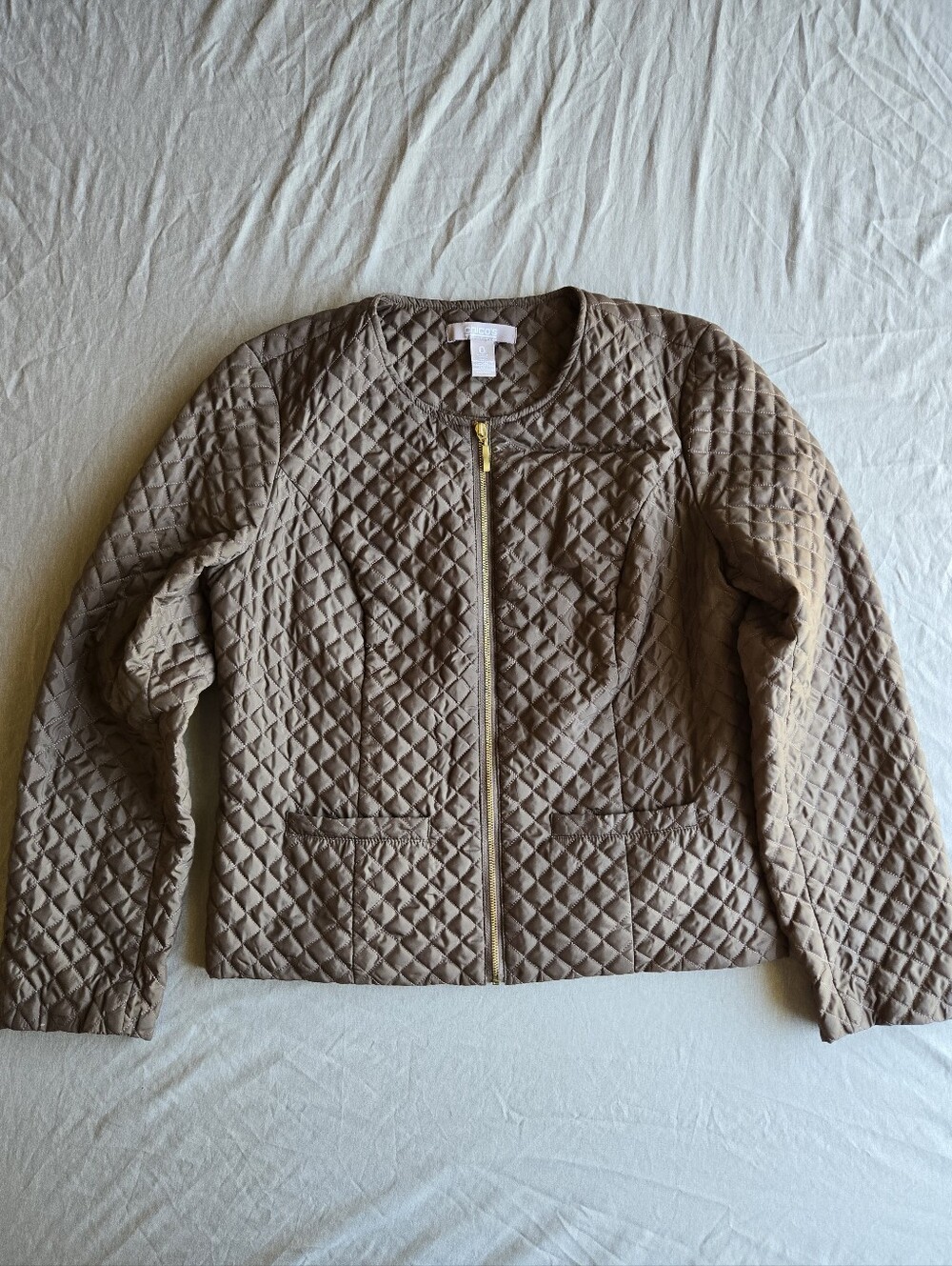 Chico's Taupe Lightweight Quilted Jacket Gold Hardware